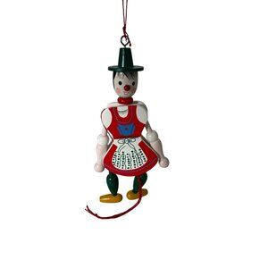 Vintage Wooden Pull String Clown Doll Ornament Red Green Yellow Handcrafted Art